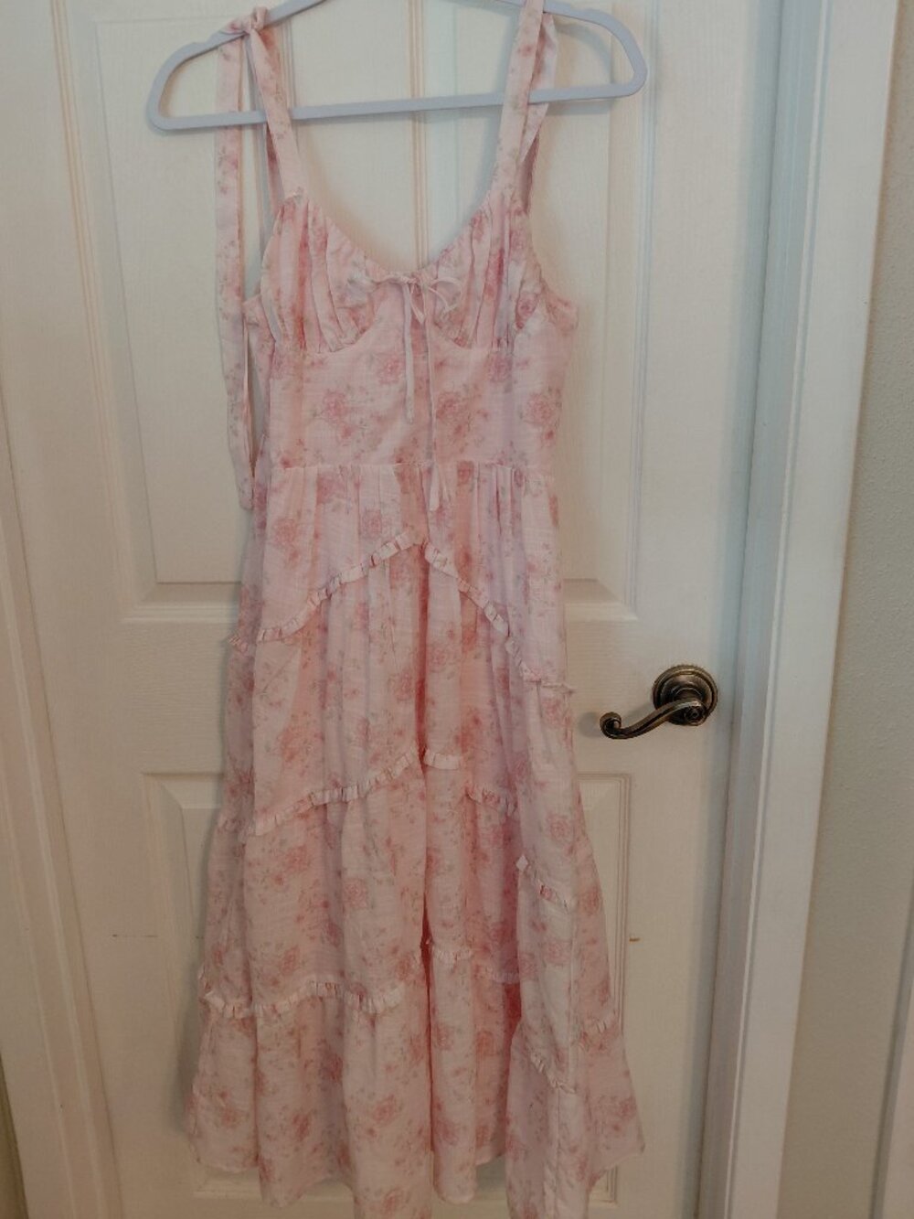 Storia Pink Floral Maxi Dress Babydoll Milkmaid Coquette Cottagecore Cotton Medi